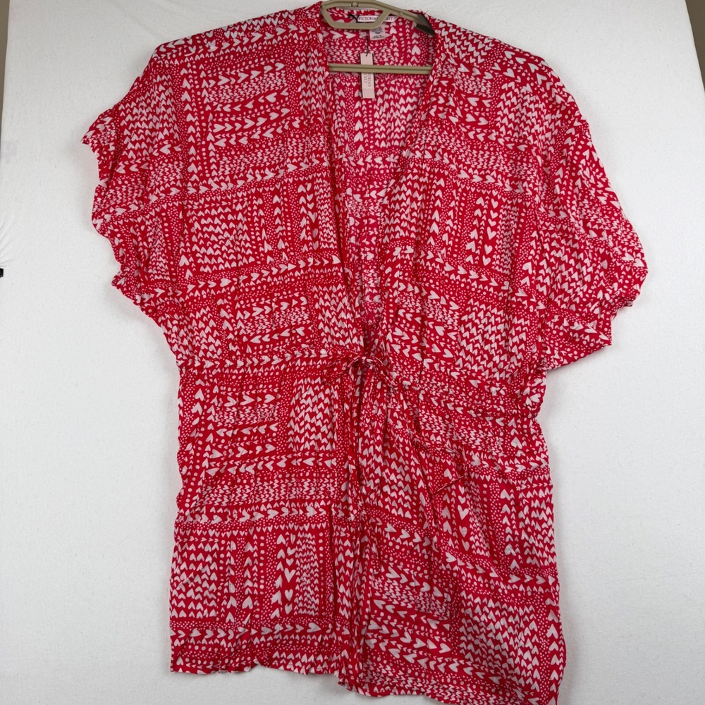 Victorias Secret Red White Heart Print Kimono Cover Up One Size NWT